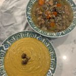 Pureed and regular Wild Rice Chicken and Mushroom Soup, both in white and green bowls